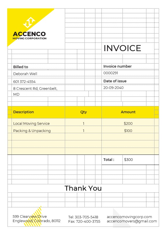 Movers & Moving Company Invoice Template PSD template
